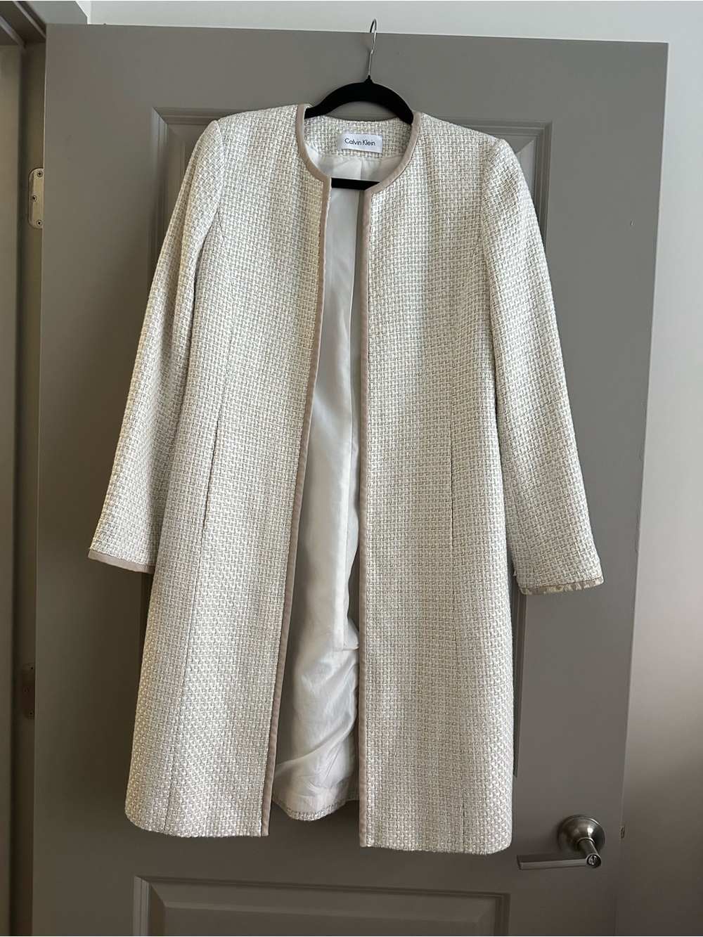 Calvin Klein Cream Textured Collarless Long Coat